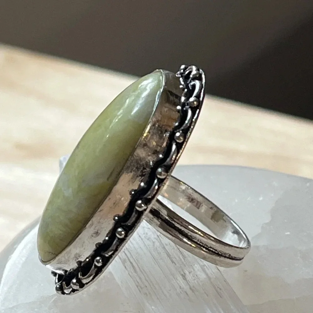SILVER PLATED GEMSTONE RING SERPENTINE SIZE 6.5